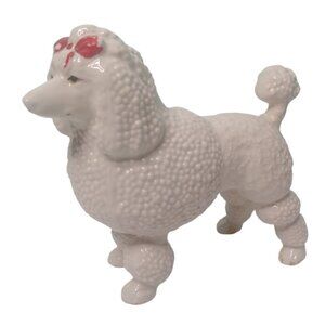 Vintage MCM French Poodle Figurine Ceramic Marked 98 White Red Bow READ